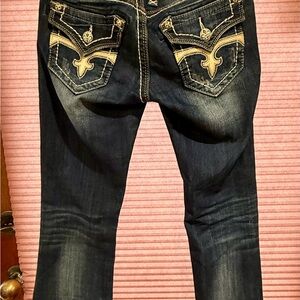 Rock Revival Dark Blue Jeans with Gold Stitching